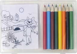 A drawing set featuring a colouring sheet and eight coloured pencils in assorted colours, housed in a clear case.