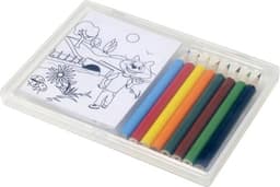 A drawing set in a clear case, featuring eight coloured pencils and a colouring page of a character in a landscape.