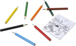 A drawing set featuring eight coloured pencils in various colours and a black-and-white colouring page.