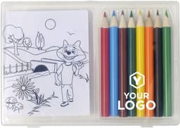A drawing set featuring coloured pencils in red, green, yellow, brown, and blue alongside a colouring page.