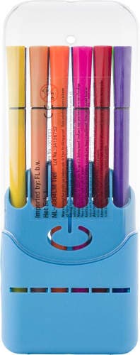 A set of 12 water-based felt tip pens in various vibrant colours, presented in a blue storage case with a logo.