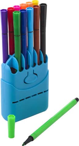 A collection of 12 water-based felt tip pens in vibrant colours, housed in a blue stand. One green pen is placed beside.