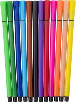 A set of 12 water-based felt tip pens in various colours, including green, blue, brown, black, purple, pink, and orange.