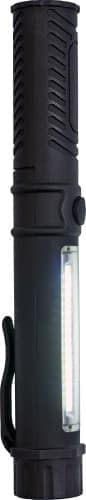 A black ABS work light/torch with a textured grip and a side LED panel. Features a clip for easy attachment.