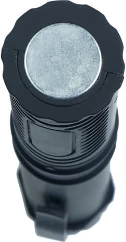 A black ABS work light/torch with a silver circular top and textured grip. It features a logo on the body.