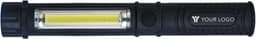 A black ABS work light/torch with a yellow light strip and a logo on the side.