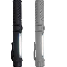 A black ABS work light/torch with a bright LED strip and a clip for easy attachment.