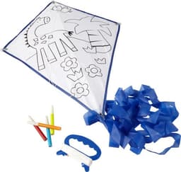 A white polyester kite designed for colouring, featuring blue trim and a spool of white string, alongside coloured markers.