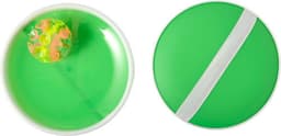 A green circular game set featuring a small colourful ball and a white strap. Includes a matching green base.