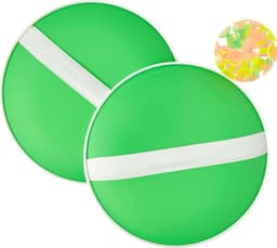 Two green PP balls featuring a white stripe, accompanied by a small assortment of colourful game tokens.