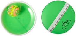 A vibrant green PP ball game featuring a multicoloured ball inside and a branded logo on one side.