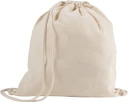 A natural cotton drawstring backpack featuring a simple design and a cord closure.