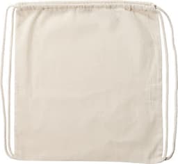 A beige cotton backpack with drawstring closure and an interior logo.