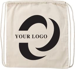 A cream cotton drawstring backpack featuring a large logo design in black.