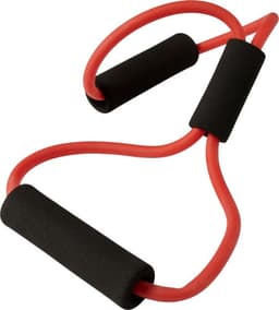 A red rubber training strap with black foam handles, designed for fitness activities. Contains a logo on the handle.
