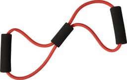 A red rubber training strap with black foam handles, designed for fitness activities.