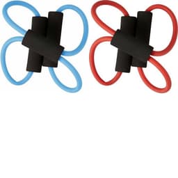 Rubber training straps in blue and red, featuring black foam grips. The straps are intertwined in a decorative arrangement.