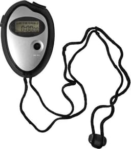 A silver and black digital stopwatch with a display screen and a black cord for hanging.
