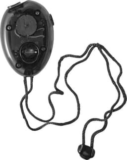 A black stopwatch with a corded lanyard, featuring a clear casing and buttons on the front.