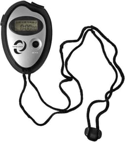 A black and silver stopwatch with a digital display attached to a black cord.
