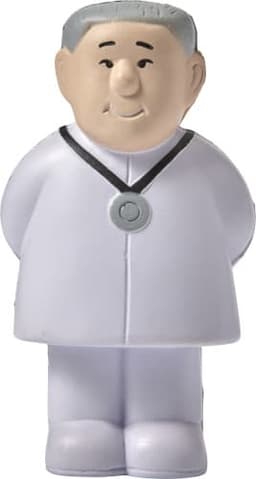 A PU foam figure in white attire with a silver necklace, featuring a smiling character with grey hair.