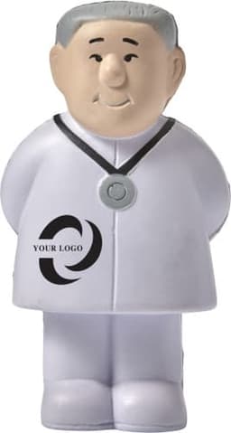 A PU foam figure of a doctor in white attire with a grey head and an attached logo on the chest.