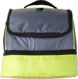 A cooler bag in grey and bright lime green with a zippered closure and a handle on top.