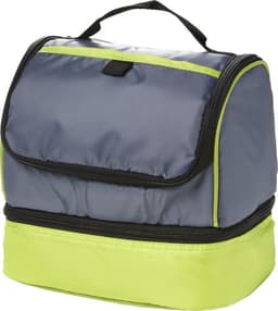 A cooler bag in grey with bright green accents, featuring a top handle and zip closure. It has a branded logo.