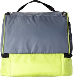 A grey and lime green cooler bag with a zipped compartment and a carry handle on top. It features a logo.