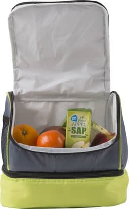 A cooler bag in grey and lime green, filled with fruit and a juice carton. It has a zippered opening.