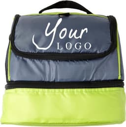 A grey and lime green polyester cooler bag with a zippered opening and a handle, featuring a logo.