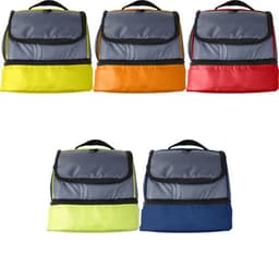 A set of five polyester cooler bags in yellow, orange, red, green, and blue, each with a grey front and a handle.