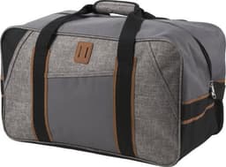 A grey and black polycanvas sports bag with a zip closure and sturdy handles, featuring a logo.