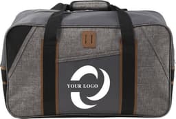 A grey polycanvas sports bag featuring black accents and a logo on the front. It has dual handles for easy carrying.