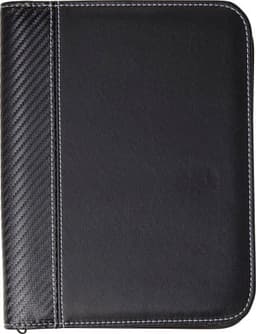 A black PU document folder with a textured carbon fibre design and white stitching. It has branding on the front.