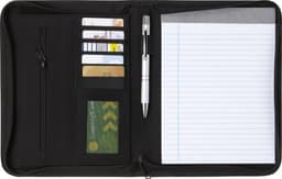 A black PU document folder featuring card slots, a pen holder, and a lined notepad. It has a zip closure and branding.