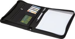 A black PU document folder featuring notepad, pen, tabs, card slots, and a zippered pocket.