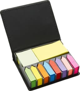 A PU holder featuring a variety of sticky notes in yellow, green, pink, orange, purple, and blue, with a black cover.