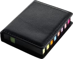 A black PU holder featuring multiple sticky notes in various colours on the side, with a subtle logo visible.