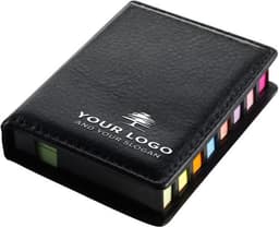 A black PU holder featuring a variety of sticky notes in multiple colours and a logo on the front.