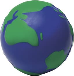 A PU foam globe stress ball featuring blue and green colours, depicting Earth's continents and oceans.