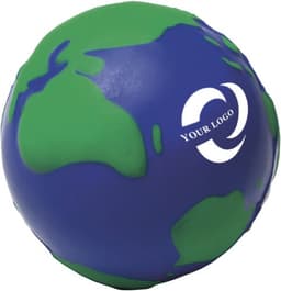 A PU foam globe stress ball featuring green and blue continents and a logo on one side.