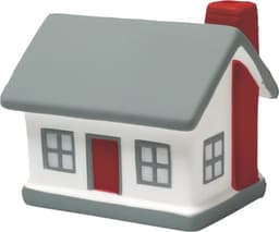 A grey and white PU foam house shaped stress toy with a red door and chimney. It features window details and has a logo.