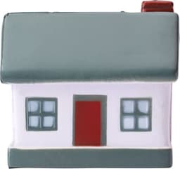 A PU foam house in green, white, and red, featuring windows and a chimney, with a soft, squishy texture.