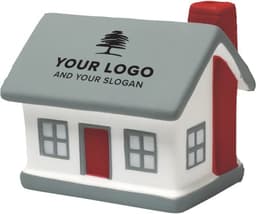 A PU foam house stress shape in white with a grey roof and red accents, featuring a logo on top.
