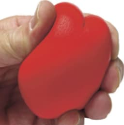 A red PU foam heart being squeezed in a hand, designed as a stress relief shape. Includes branding.