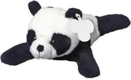 A plush toy panda with black and white fur, featuring a tag and a soft, cuddly design.