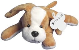A plush dog toy in brown and white with a tag, featuring a friendly expression.