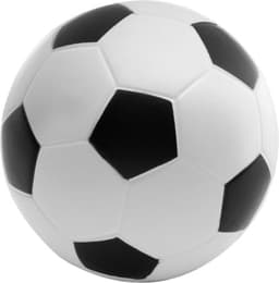 A PU foam football in black and white, featuring a classic pentagon and hexagon design. It has a logo on the surface.