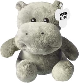 A grey plush hippo toy with a round body and large eyes, featuring a tag displaying a logo.